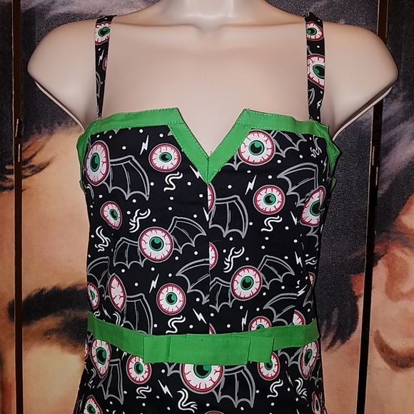Sourpuss Batty Eyeballs Curve Hugging Spooktacular Pencil Dress w Green Trim - Picture 2 of 7